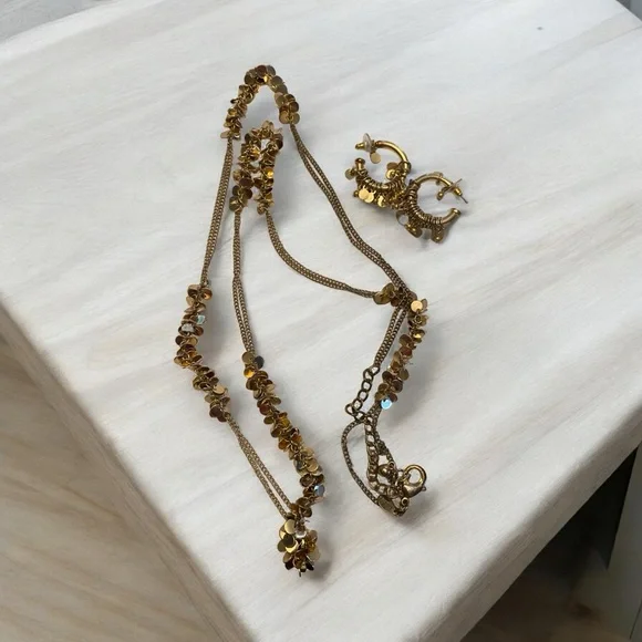 Chicos Gold Fringe Necklace with Matching Hoop Earrings - Picture 1 of 7